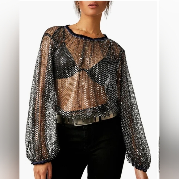 Free People Tops - Free People Women's Sparks Fly Sheer Sequin Black Long Sleeves Top Size XS